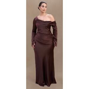 Meshki Deep Brown Off-Shoulder Satin Maxi Dress
